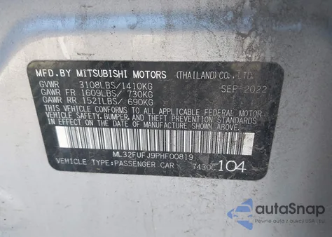 2023 Mitsubishi Mirage G4 Es/G4 Le/G4 Black Edition z USA, uszkodzony, nr VIN ML32FUFJ9PHF00819